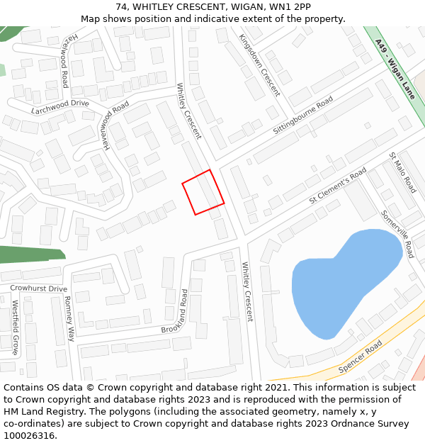 74, WHITLEY CRESCENT, WIGAN, WN1 2PP: Location map and indicative extent of plot