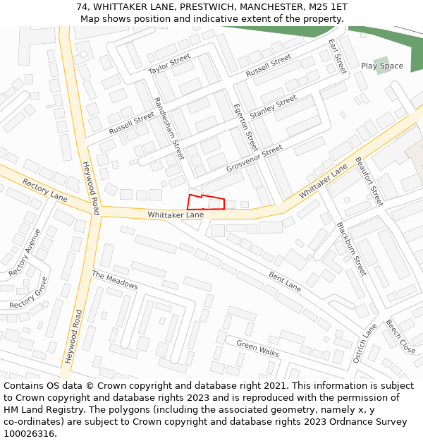 74, WHITTAKER LANE, PRESTWICH, MANCHESTER, M25 1ET: Location map and indicative extent of plot