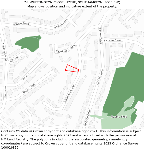 74, WHITTINGTON CLOSE, HYTHE, SOUTHAMPTON, SO45 5NQ: Location map and indicative extent of plot