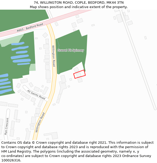 74, WILLINGTON ROAD, COPLE, BEDFORD, MK44 3TN: Location map and indicative extent of plot