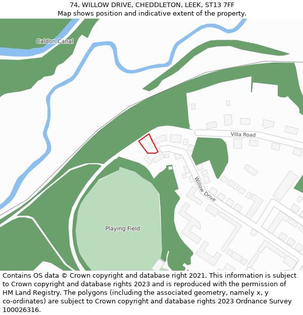 74, WILLOW DRIVE, CHEDDLETON, LEEK, ST13 7FF: Location map and indicative extent of plot