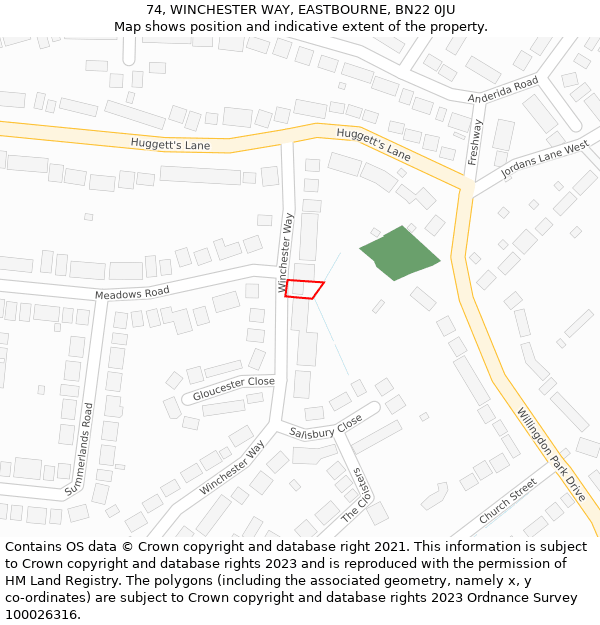 74, WINCHESTER WAY, EASTBOURNE, BN22 0JU: Location map and indicative extent of plot