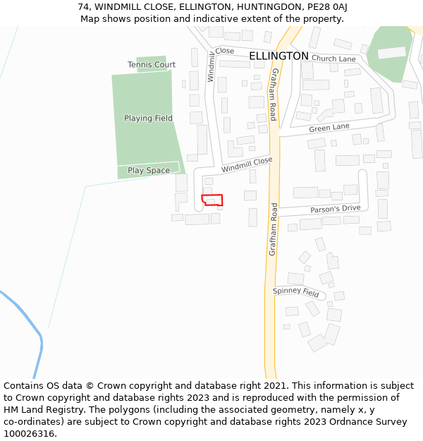 74, WINDMILL CLOSE, ELLINGTON, HUNTINGDON, PE28 0AJ: Location map and indicative extent of plot