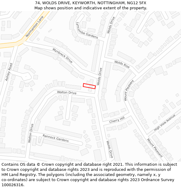 74, WOLDS DRIVE, KEYWORTH, NOTTINGHAM, NG12 5FX: Location map and indicative extent of plot