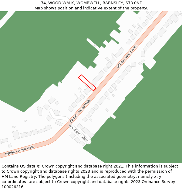 74, WOOD WALK, WOMBWELL, BARNSLEY, S73 0NF: Location map and indicative extent of plot