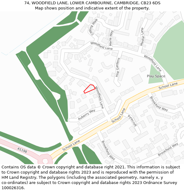 74, WOODFIELD LANE, LOWER CAMBOURNE, CAMBRIDGE, CB23 6DS: Location map and indicative extent of plot