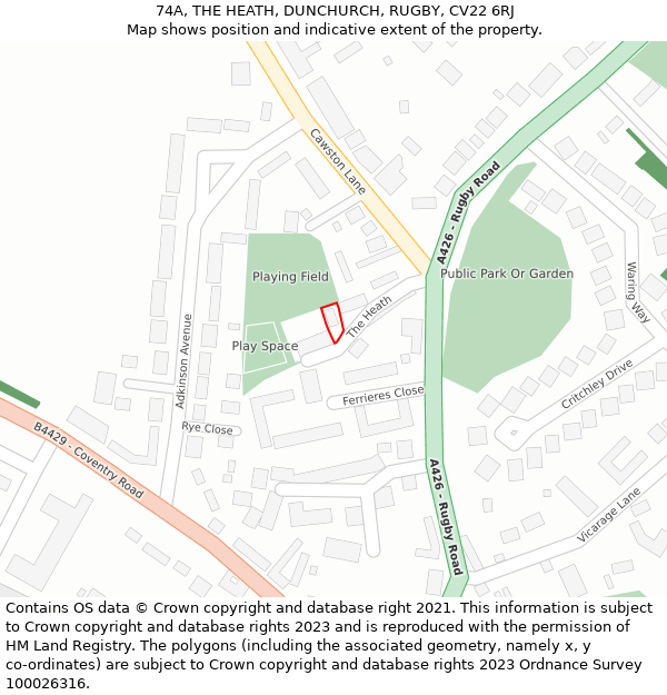 74A, THE HEATH, DUNCHURCH, RUGBY, CV22 6RJ: Location map and indicative extent of plot