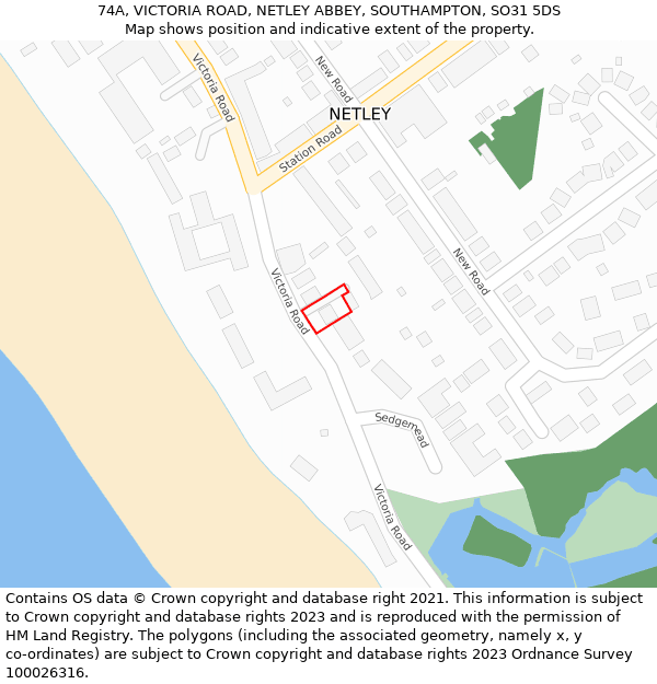 74A, VICTORIA ROAD, NETLEY ABBEY, SOUTHAMPTON, SO31 5DS: Location map and indicative extent of plot