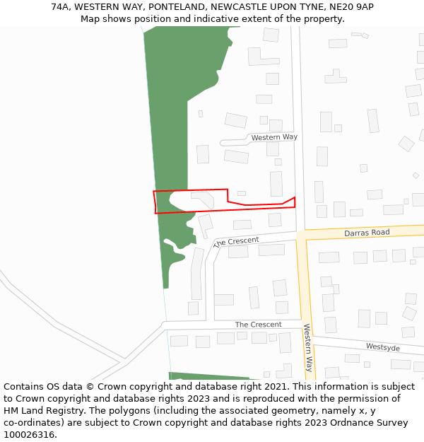 74A, WESTERN WAY, PONTELAND, NEWCASTLE UPON TYNE, NE20 9AP: Location map and indicative extent of plot
