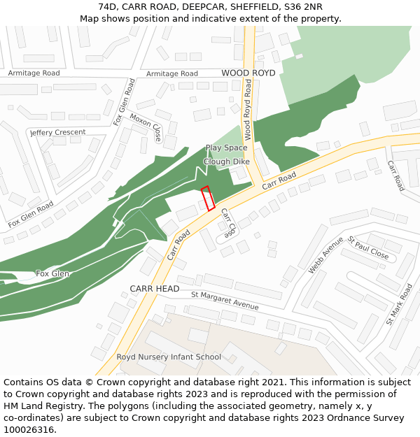 74D, CARR ROAD, DEEPCAR, SHEFFIELD, S36 2NR: Location map and indicative extent of plot