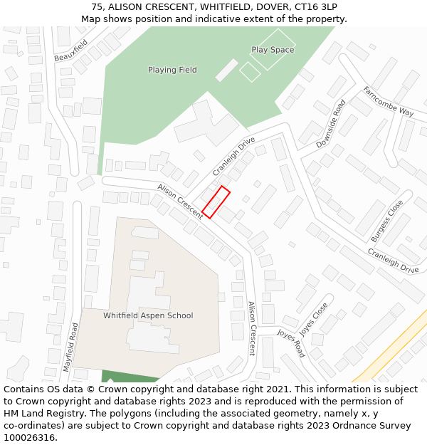 75, ALISON CRESCENT, WHITFIELD, DOVER, CT16 3LP: Location map and indicative extent of plot