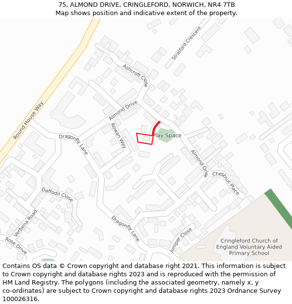 75, ALMOND DRIVE, CRINGLEFORD, NORWICH, NR4 7TB: Location map and indicative extent of plot