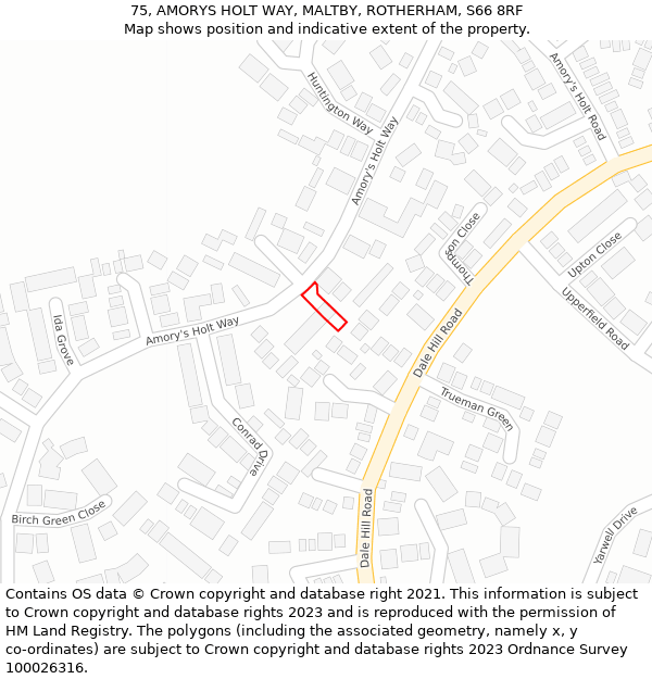 75, AMORYS HOLT WAY, MALTBY, ROTHERHAM, S66 8RF: Location map and indicative extent of plot