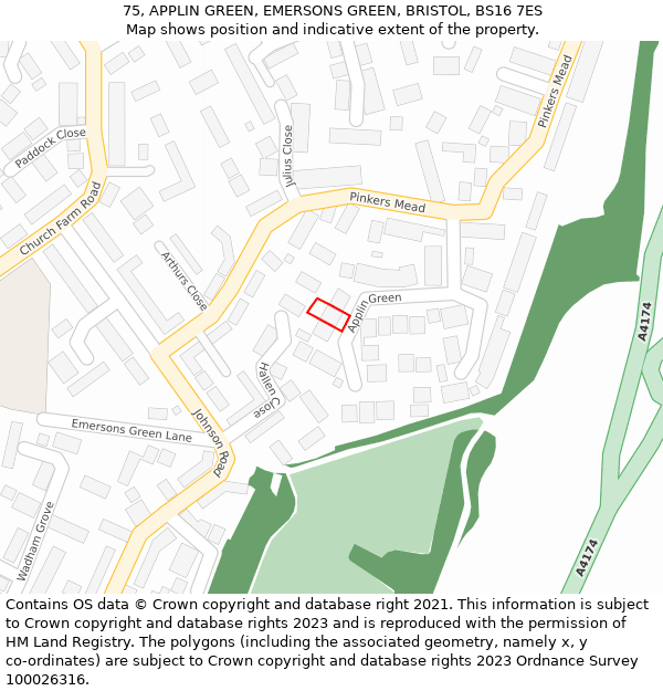 75, APPLIN GREEN, EMERSONS GREEN, BRISTOL, BS16 7ES: Location map and indicative extent of plot