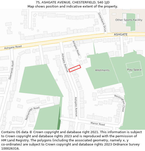 75, ASHGATE AVENUE, CHESTERFIELD, S40 1JD: Location map and indicative extent of plot