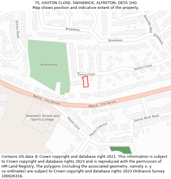 75, ASHTON CLOSE, SWANWICK, ALFRETON, DE55 1HG: Location map and indicative extent of plot