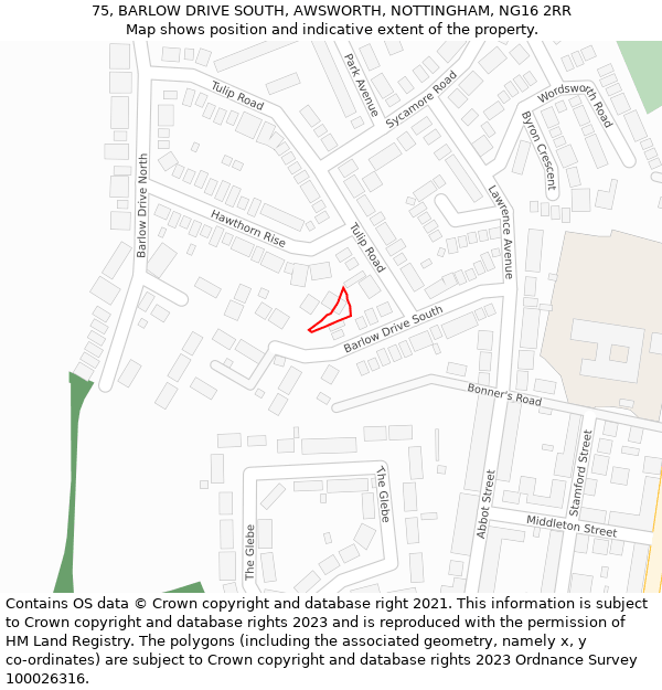 75, BARLOW DRIVE SOUTH, AWSWORTH, NOTTINGHAM, NG16 2RR: Location map and indicative extent of plot
