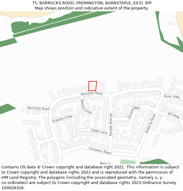 75, BARRACKS ROAD, FREMINGTON, BARNSTAPLE, EX31 3FP: Location map and indicative extent of plot