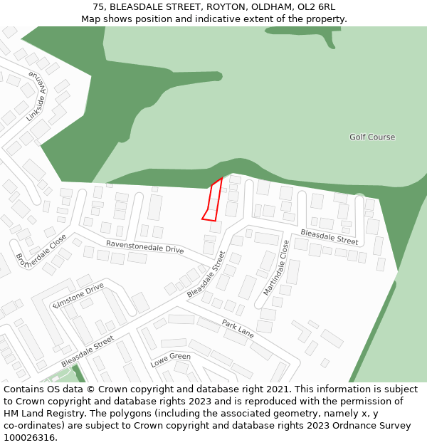 75, BLEASDALE STREET, ROYTON, OLDHAM, OL2 6RL: Location map and indicative extent of plot