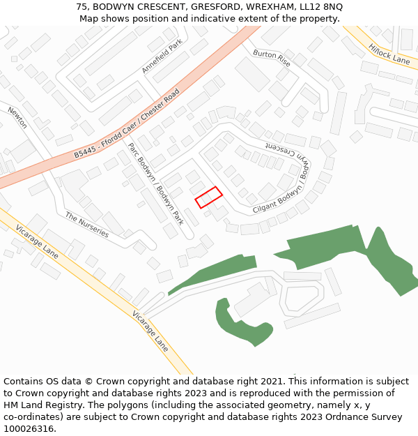 75, BODWYN CRESCENT, GRESFORD, WREXHAM, LL12 8NQ: Location map and indicative extent of plot