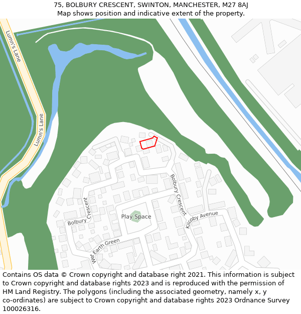 75, BOLBURY CRESCENT, SWINTON, MANCHESTER, M27 8AJ: Location map and indicative extent of plot