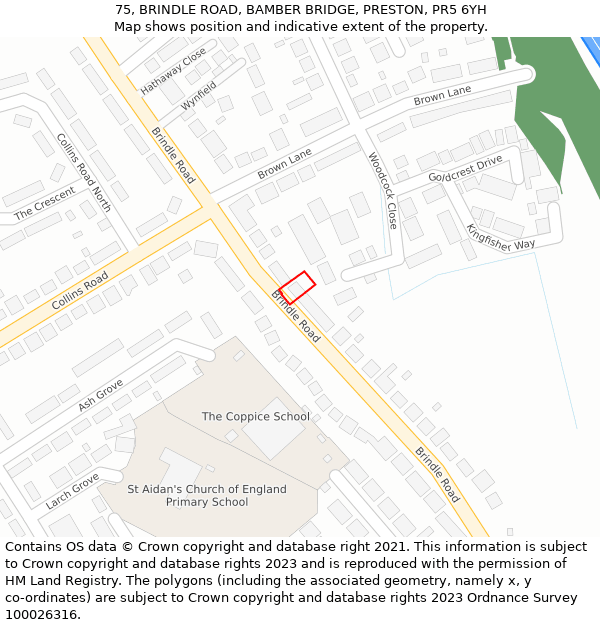 75, BRINDLE ROAD, BAMBER BRIDGE, PRESTON, PR5 6YH: Location map and indicative extent of plot