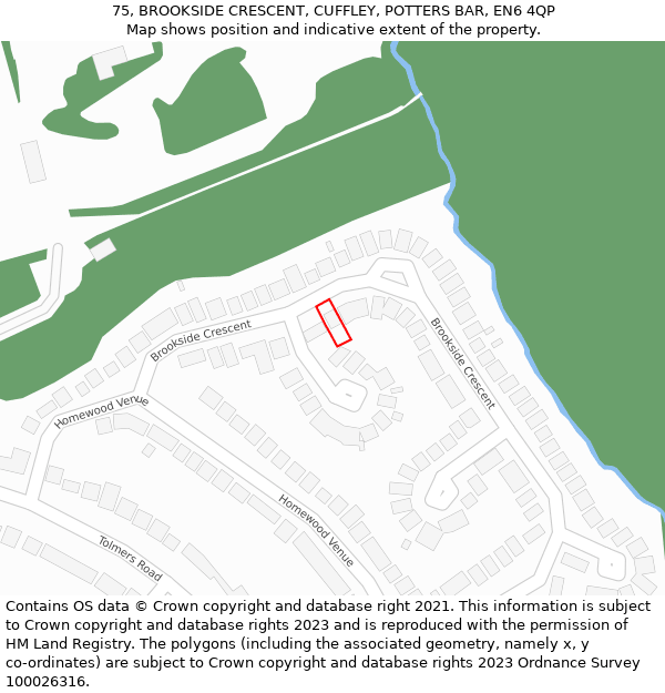 75, BROOKSIDE CRESCENT, CUFFLEY, POTTERS BAR, EN6 4QP: Location map and indicative extent of plot