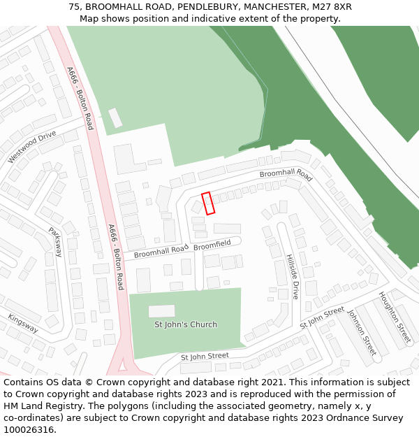 75, BROOMHALL ROAD, PENDLEBURY, MANCHESTER, M27 8XR: Location map and indicative extent of plot