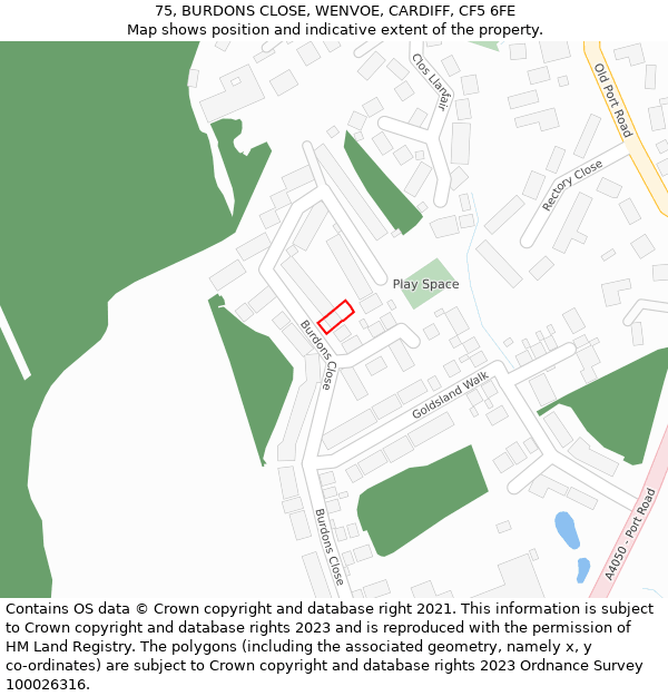 75, BURDONS CLOSE, WENVOE, CARDIFF, CF5 6FE: Location map and indicative extent of plot