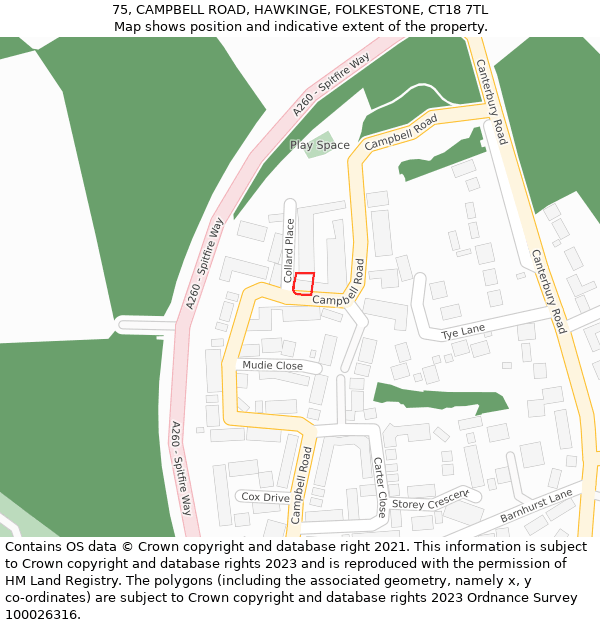 75, CAMPBELL ROAD, HAWKINGE, FOLKESTONE, CT18 7TL: Location map and indicative extent of plot