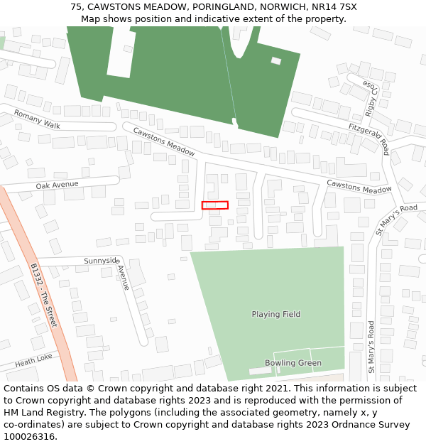 75, CAWSTONS MEADOW, PORINGLAND, NORWICH, NR14 7SX: Location map and indicative extent of plot