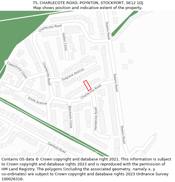 75, CHARLECOTE ROAD, POYNTON, STOCKPORT, SK12 1DJ: Location map and indicative extent of plot