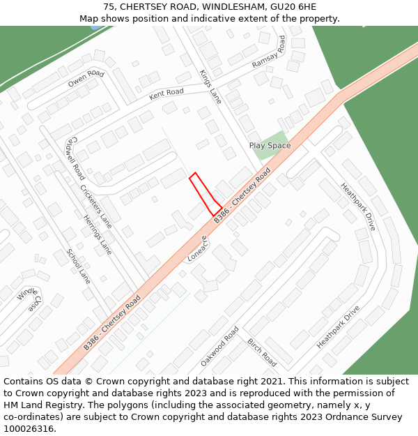 75, CHERTSEY ROAD, WINDLESHAM, GU20 6HE: Location map and indicative extent of plot