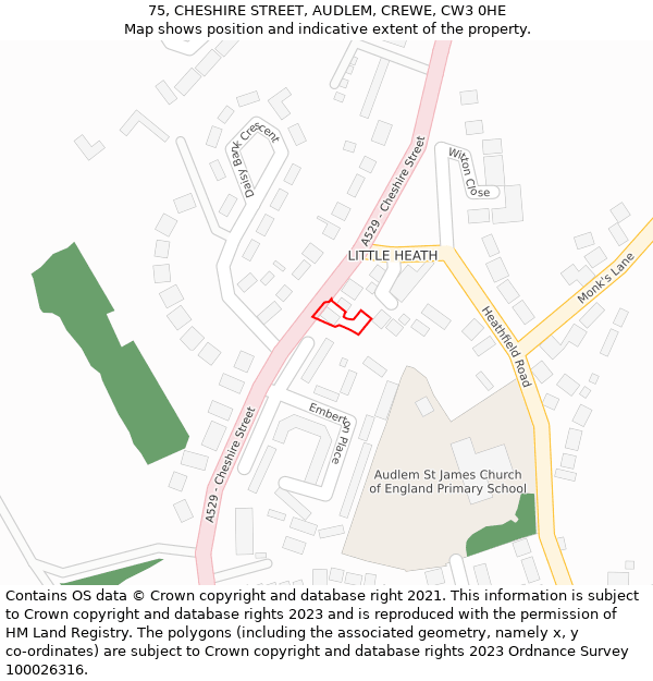 75, CHESHIRE STREET, AUDLEM, CREWE, CW3 0HE: Location map and indicative extent of plot