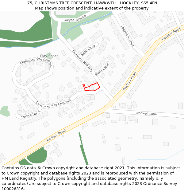 75, CHRISTMAS TREE CRESCENT, HAWKWELL, HOCKLEY, SS5 4FN: Location map and indicative extent of plot