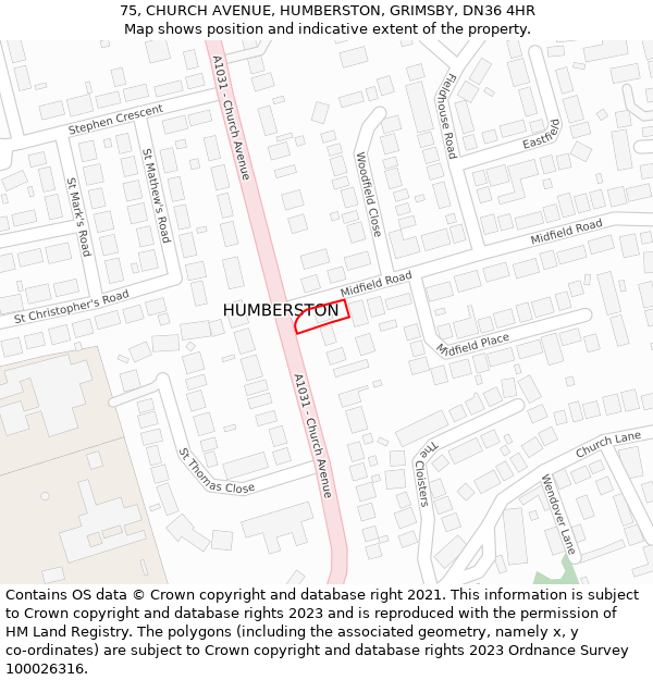 75, CHURCH AVENUE, HUMBERSTON, GRIMSBY, DN36 4HR: Location map and indicative extent of plot