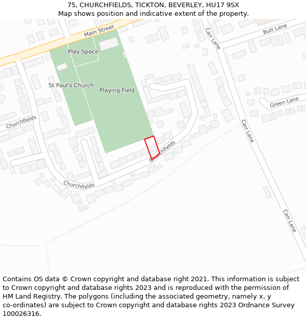 75, CHURCHFIELDS, TICKTON, BEVERLEY, HU17 9SX: Location map and indicative extent of plot