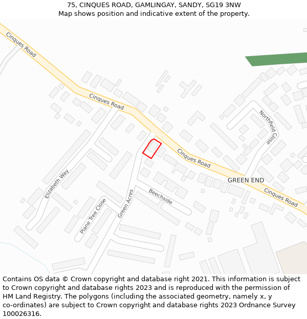 75, CINQUES ROAD, GAMLINGAY, SANDY, SG19 3NW: Location map and indicative extent of plot