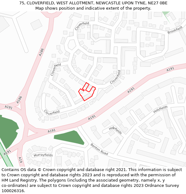 75, CLOVERFIELD, WEST ALLOTMENT, NEWCASTLE UPON TYNE, NE27 0BE: Location map and indicative extent of plot