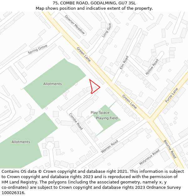 75, COMBE ROAD, GODALMING, GU7 3SL: Location map and indicative extent of plot