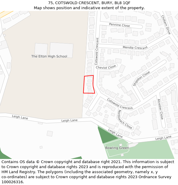 75, COTSWOLD CRESCENT, BURY, BL8 1QF: Location map and indicative extent of plot