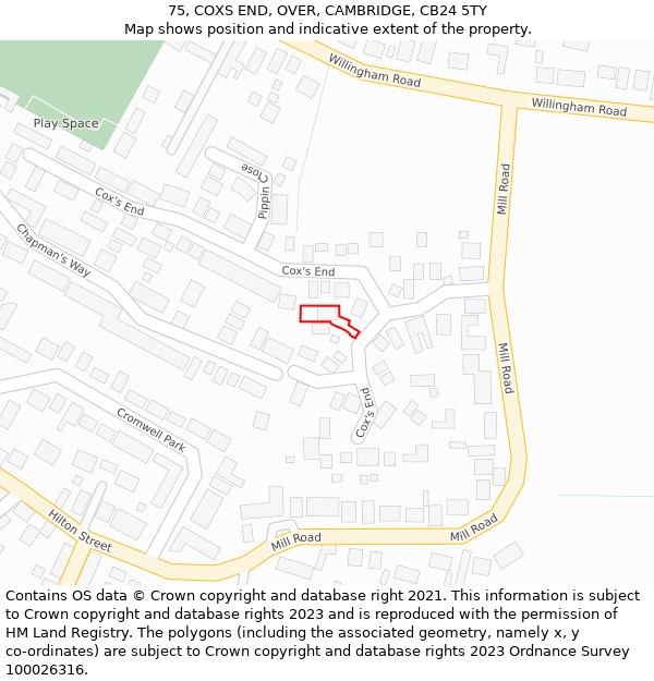 75, COXS END, OVER, CAMBRIDGE, CB24 5TY: Location map and indicative extent of plot