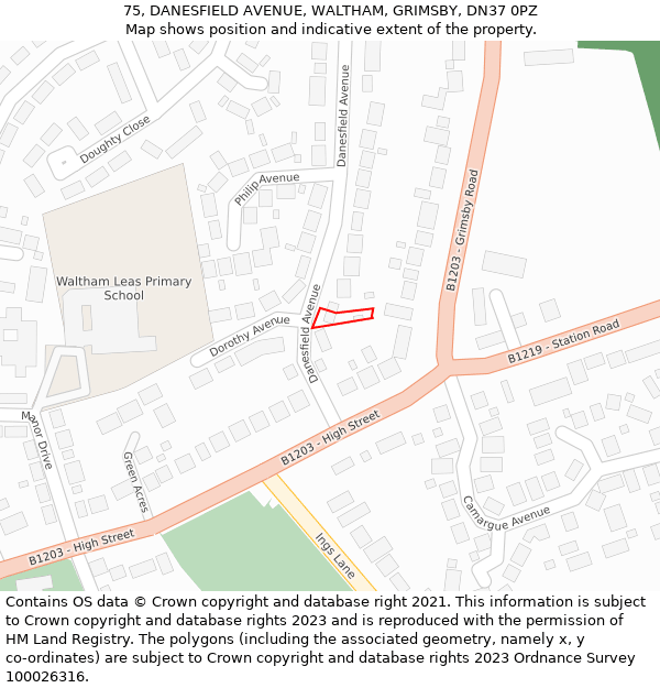 75, DANESFIELD AVENUE, WALTHAM, GRIMSBY, DN37 0PZ: Location map and indicative extent of plot