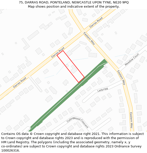 75, DARRAS ROAD, PONTELAND, NEWCASTLE UPON TYNE, NE20 9PQ: Location map and indicative extent of plot