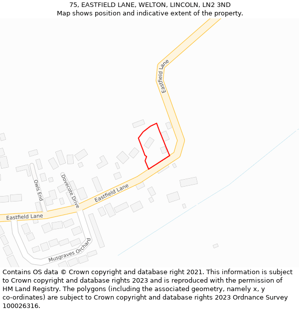 75, EASTFIELD LANE, WELTON, LINCOLN, LN2 3ND: Location map and indicative extent of plot