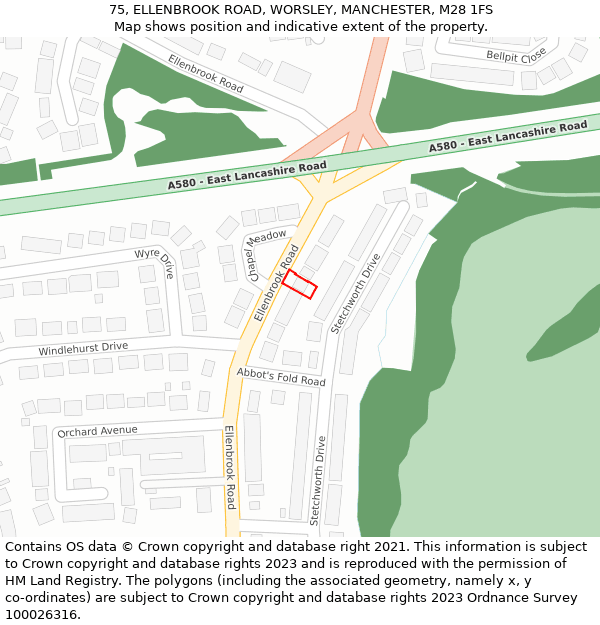 75, ELLENBROOK ROAD, WORSLEY, MANCHESTER, M28 1FS: Location map and indicative extent of plot