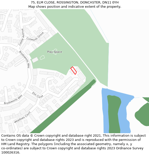 75, ELM CLOSE, ROSSINGTON, DONCASTER, DN11 0YH: Location map and indicative extent of plot