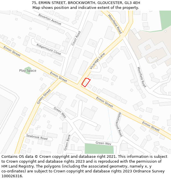 75, ERMIN STREET, BROCKWORTH, GLOUCESTER, GL3 4EH: Location map and indicative extent of plot