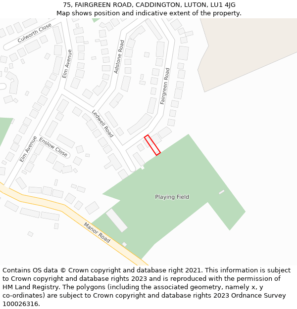 75, FAIRGREEN ROAD, CADDINGTON, LUTON, LU1 4JG: Location map and indicative extent of plot