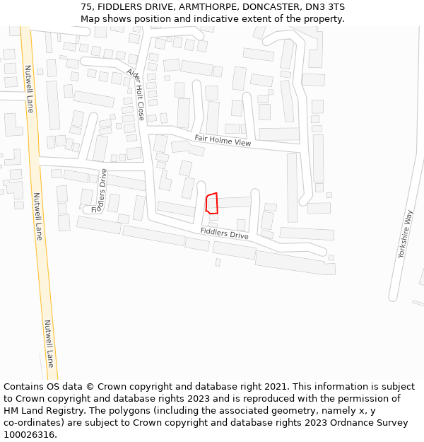 75, FIDDLERS DRIVE, ARMTHORPE, DONCASTER, DN3 3TS: Location map and indicative extent of plot